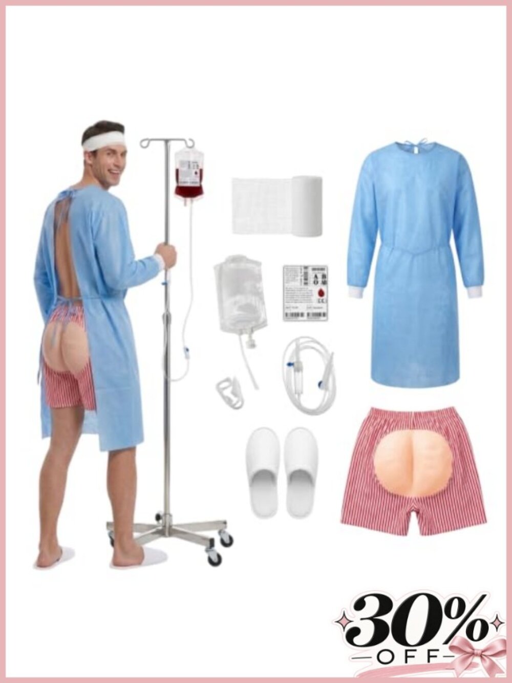 8Pc Hospital Patient Costume Set w Fake Butt Shorts Gag Halloween